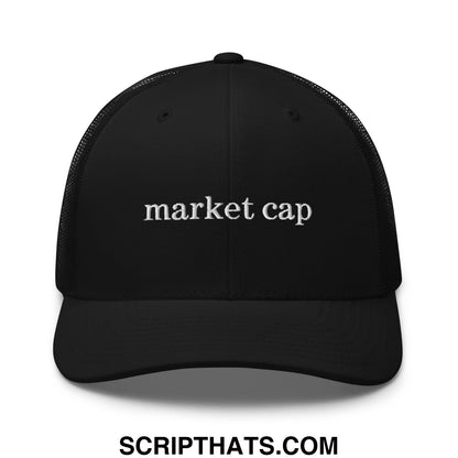 Black mesh trucker hat with white embroidered market cap text for stock market enthusiasts