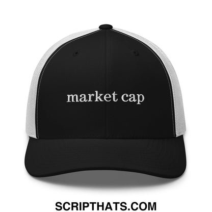 Black and white mesh trucker hat with market cap embroidered in silver thread on the front for stock market fans
