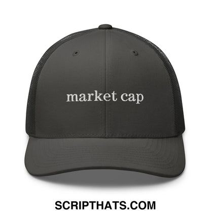 Dark gray mesh trucker hat with white embroidered market cap text for stock market enthusiasts