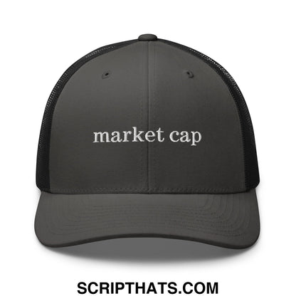 Black embroidered mesh trucker hat with white market cap text for stock market enthusiasts