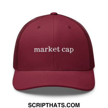 Maroon mesh trucker hat with white embroidered market cap text front for stock market enthusiasts