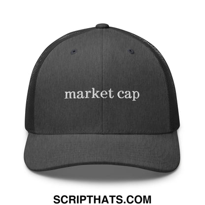Black mesh trucker hat with white embroidered market cap text for stock market enthusiasts