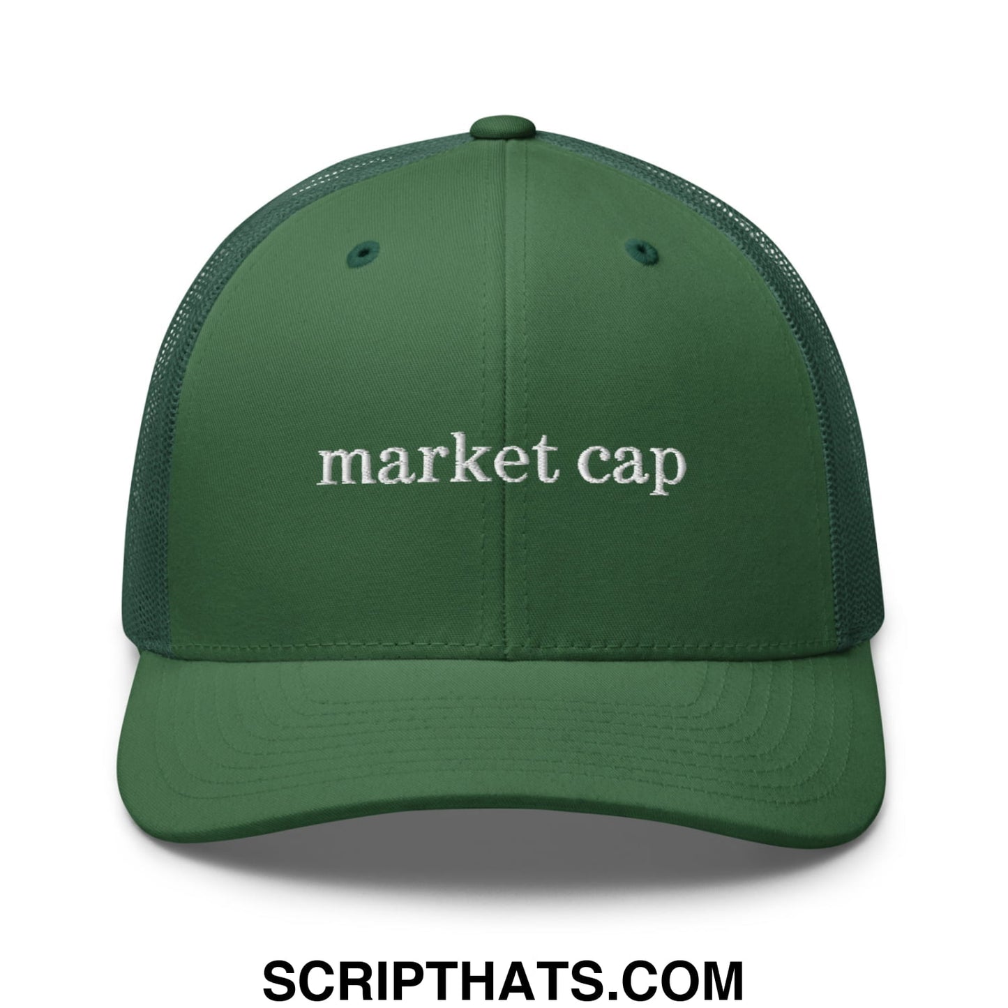 Dark green mesh trucker hat with white embroidered market cap text perfect for stock market enthusiasts