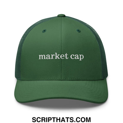 Dark green mesh trucker hat with white embroidered market cap text perfect for stock market enthusiasts