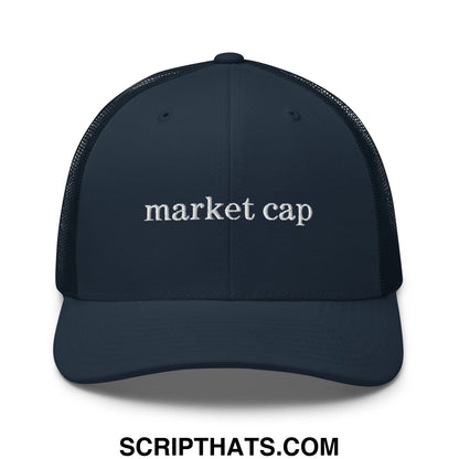 Dark navy mesh trucker hat with white embroidered market cap text for stock market fans