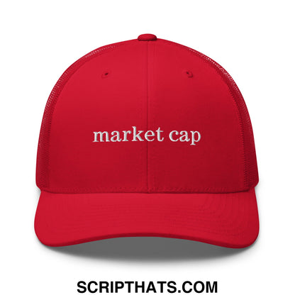 Red mesh trucker hat with white embroidered market cap text for stock market enthusiasts