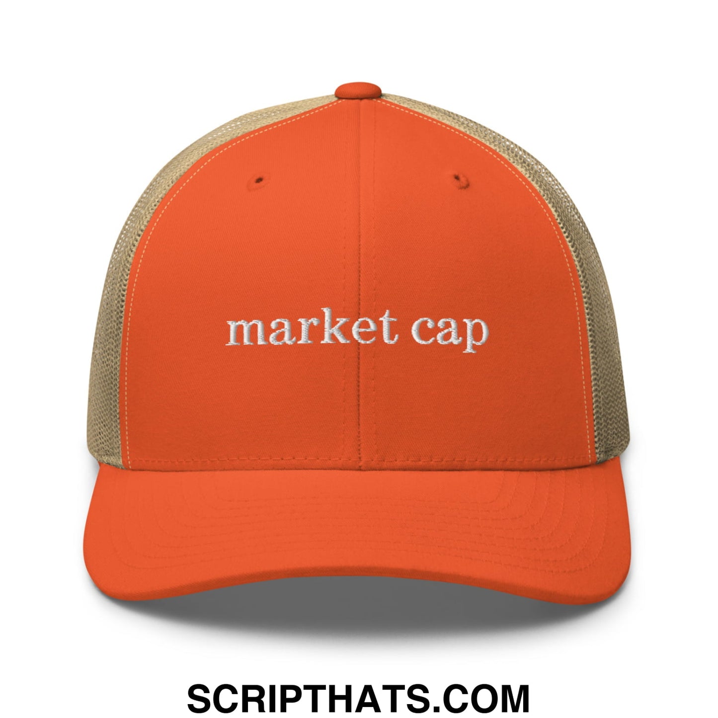 Orange and beige mesh trucker hat with market cap embroidered in white perfect for stock market enthusiasts