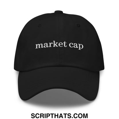 Black unstructured dad hat with white embroidered market cap text perfect for stock market enthusiasts