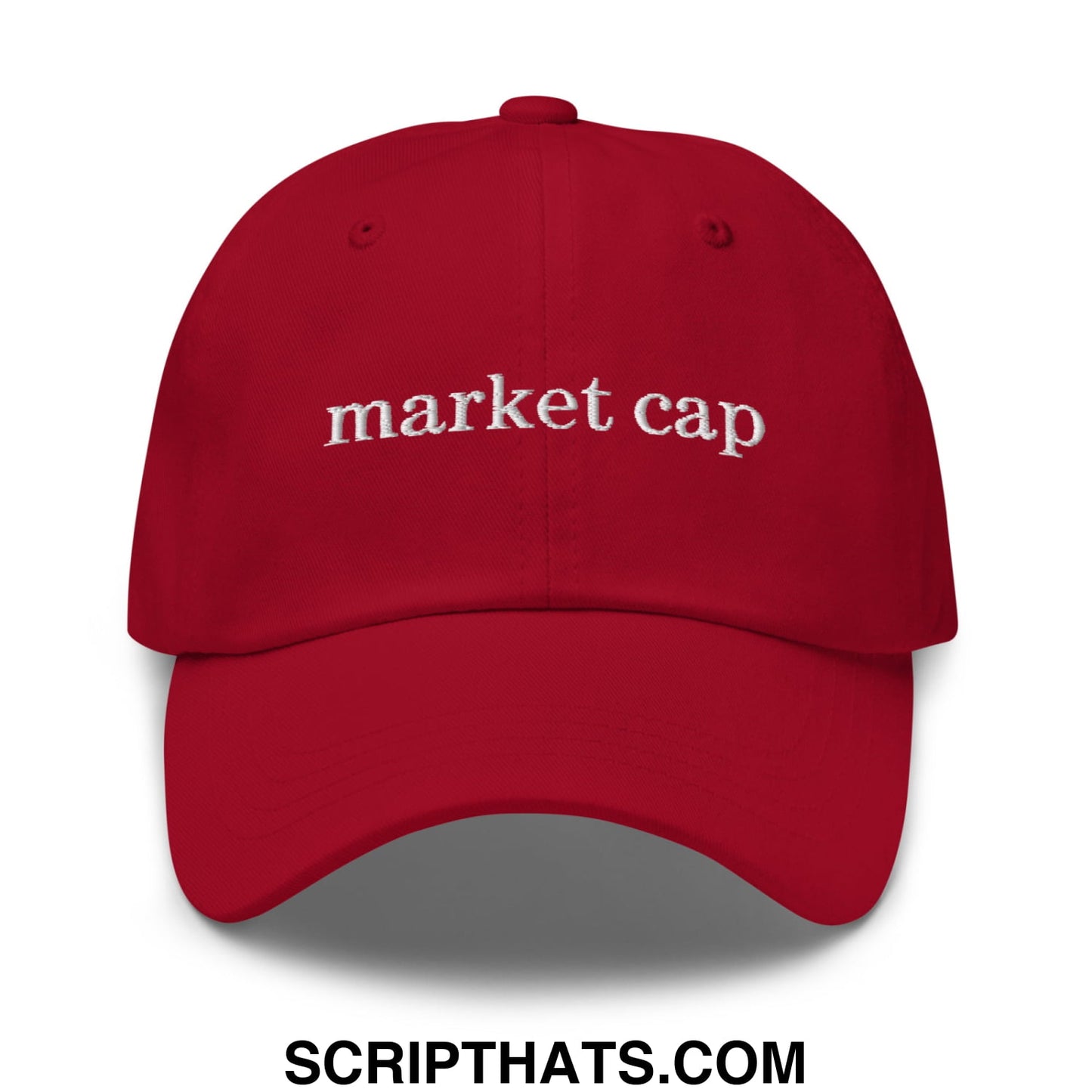 A vibrant red unstructured dad hat with market cap embroidered in white script on the front for stock market fans