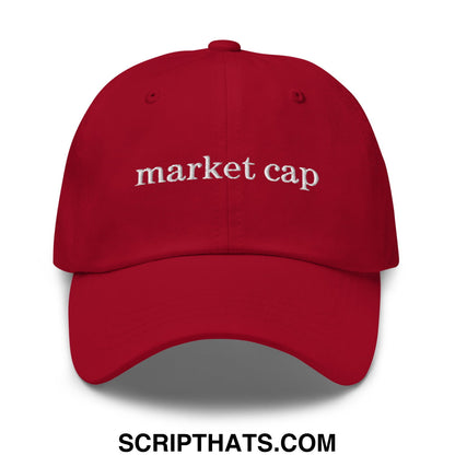 A vibrant red unstructured dad hat with market cap embroidered in white script on the front for stock market fans
