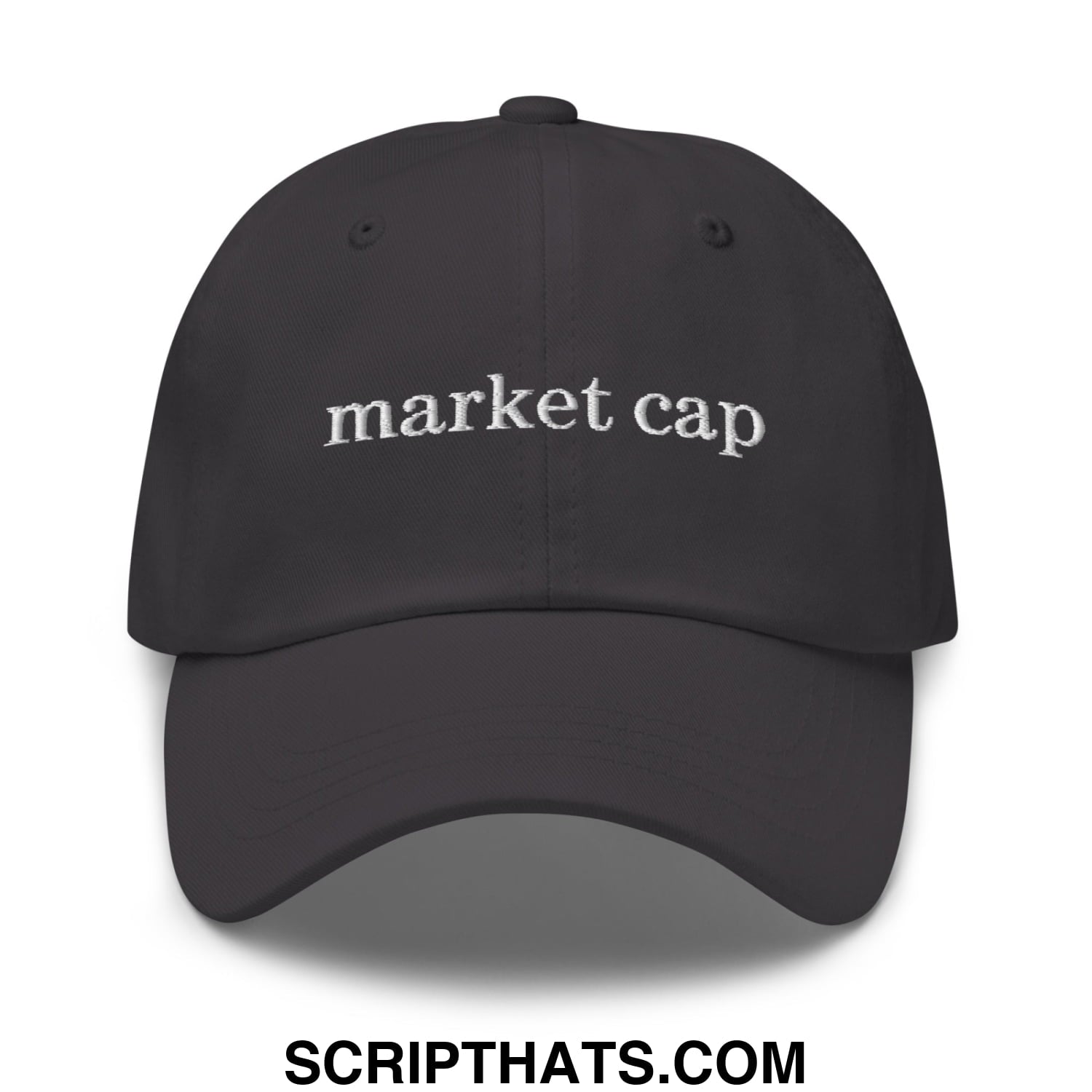 Black unstructured dad hat with white embroidered market cap text for stock market enthusiasts