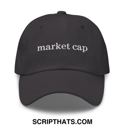 Black unstructured dad hat with white embroidered market cap text for stock market enthusiasts