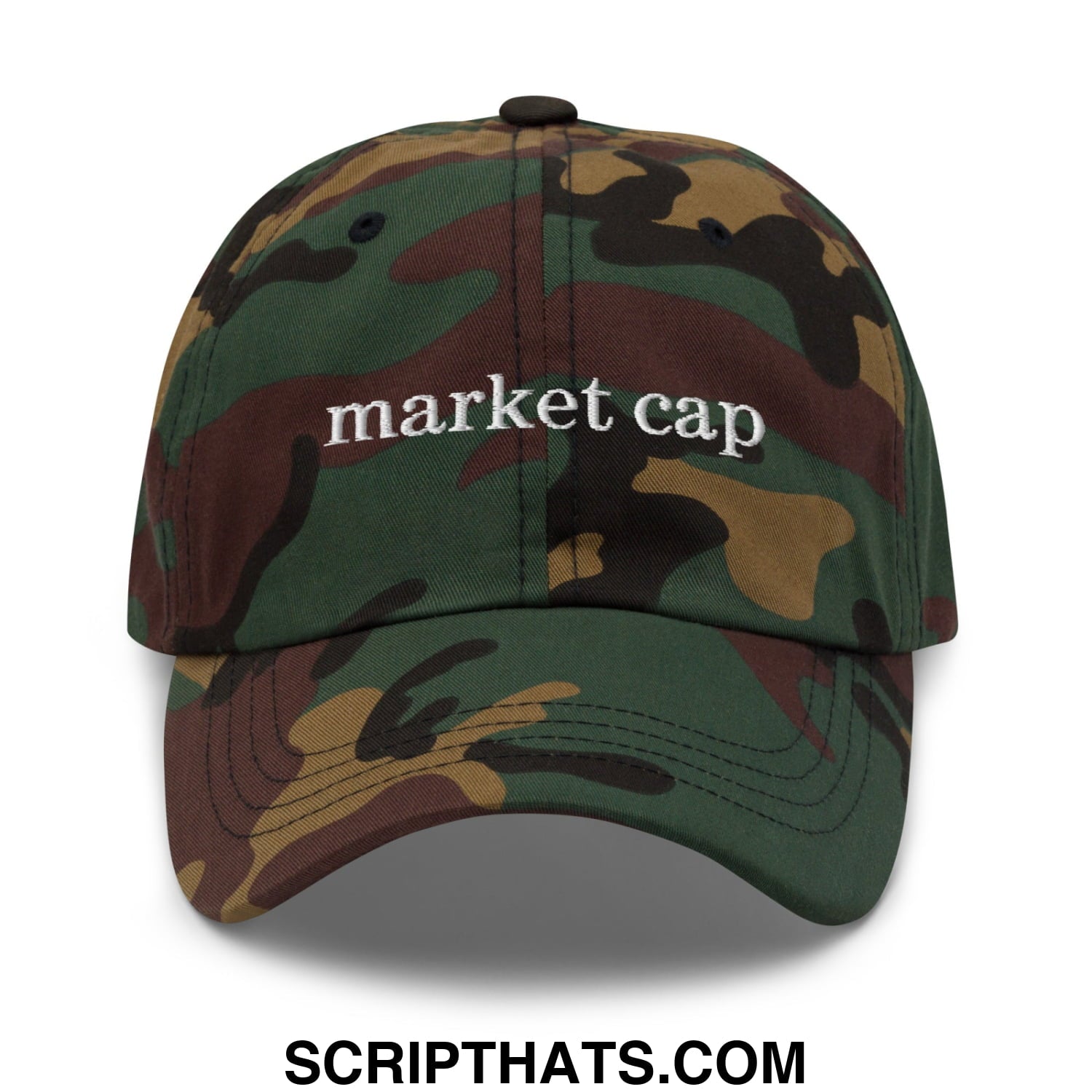 A camouflage-patterned unstructured dad hat baseball cap with market cap embroidered in white thread on the front