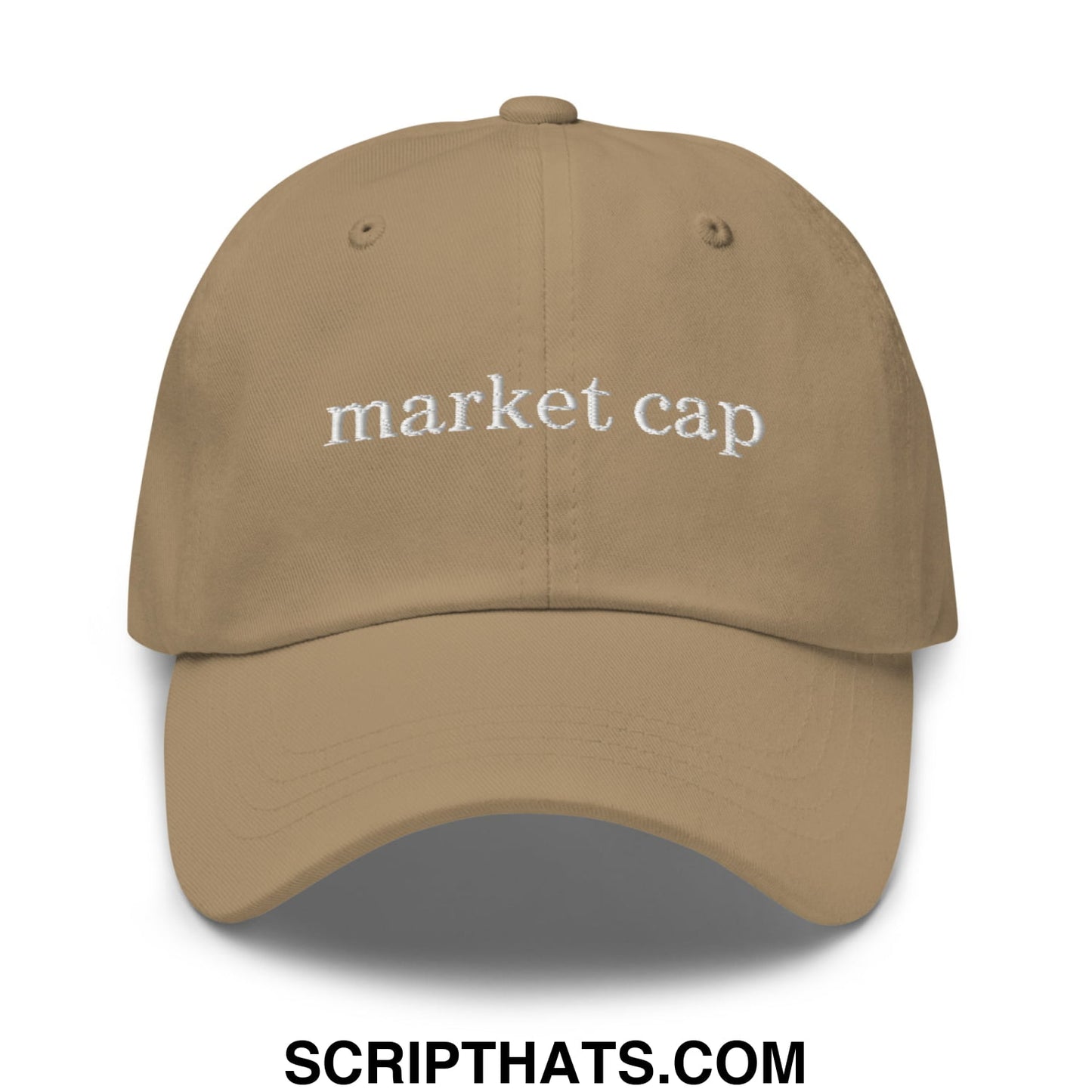 Tan unstructured dad hat with white embroidered market cap text perfect for stock market enthusiasts