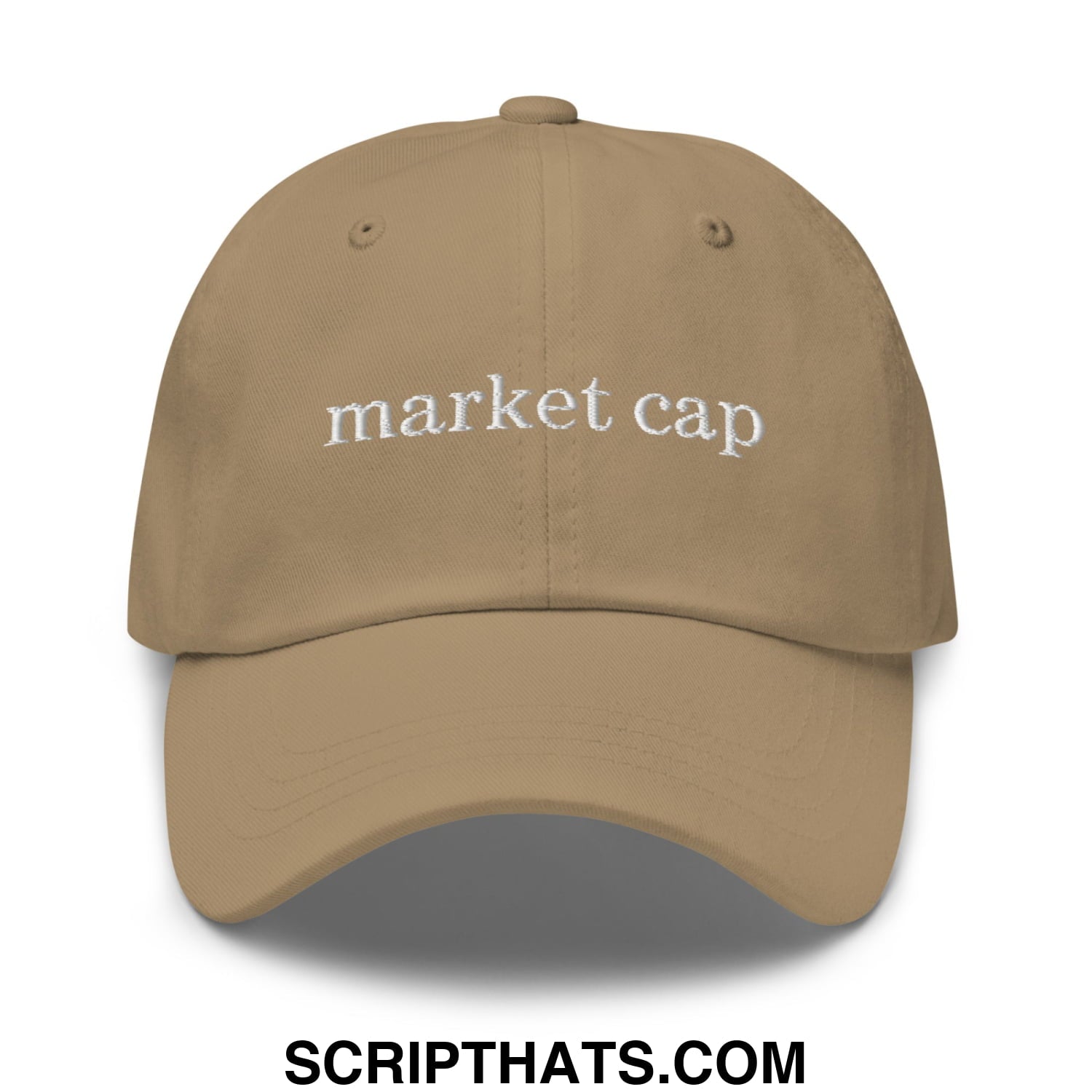 Tan unstructured dad hat with white embroidered market cap text perfect for stock market enthusiasts