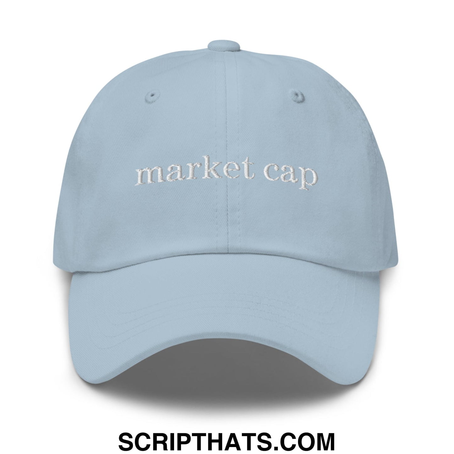Light blue unstructured dad hat with white embroidered market cap text for stock market enthusiasts