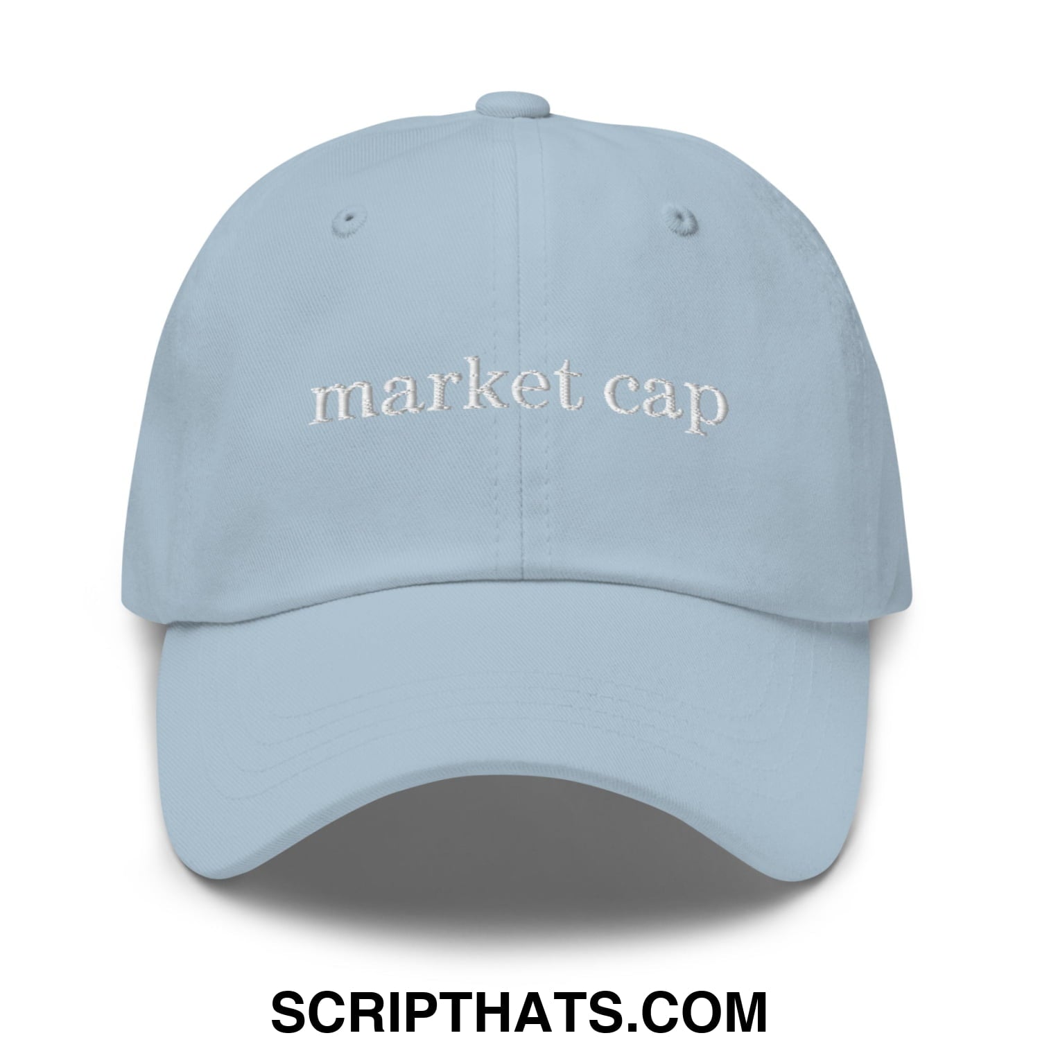 Light blue unstructured dad hat with white embroidered market cap text for stock market enthusiasts