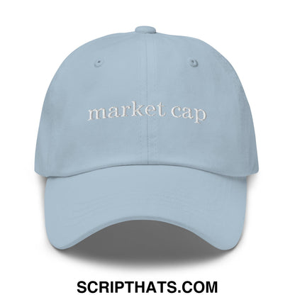 Light blue unstructured dad hat with white embroidered market cap text for stock market enthusiasts