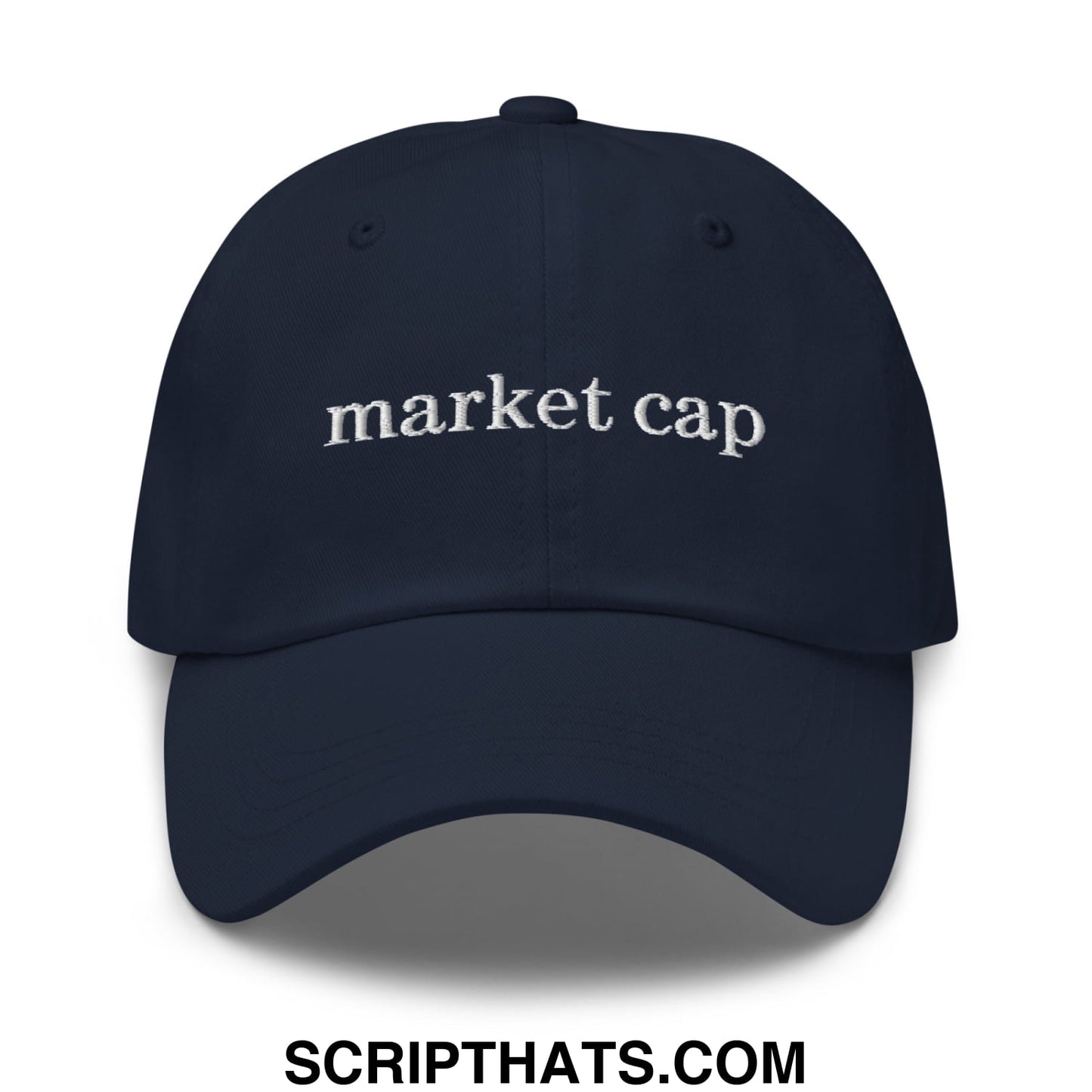 Navy blue unstructured dad hat with white embroidered market cap text perfect for stock market enthusiasts