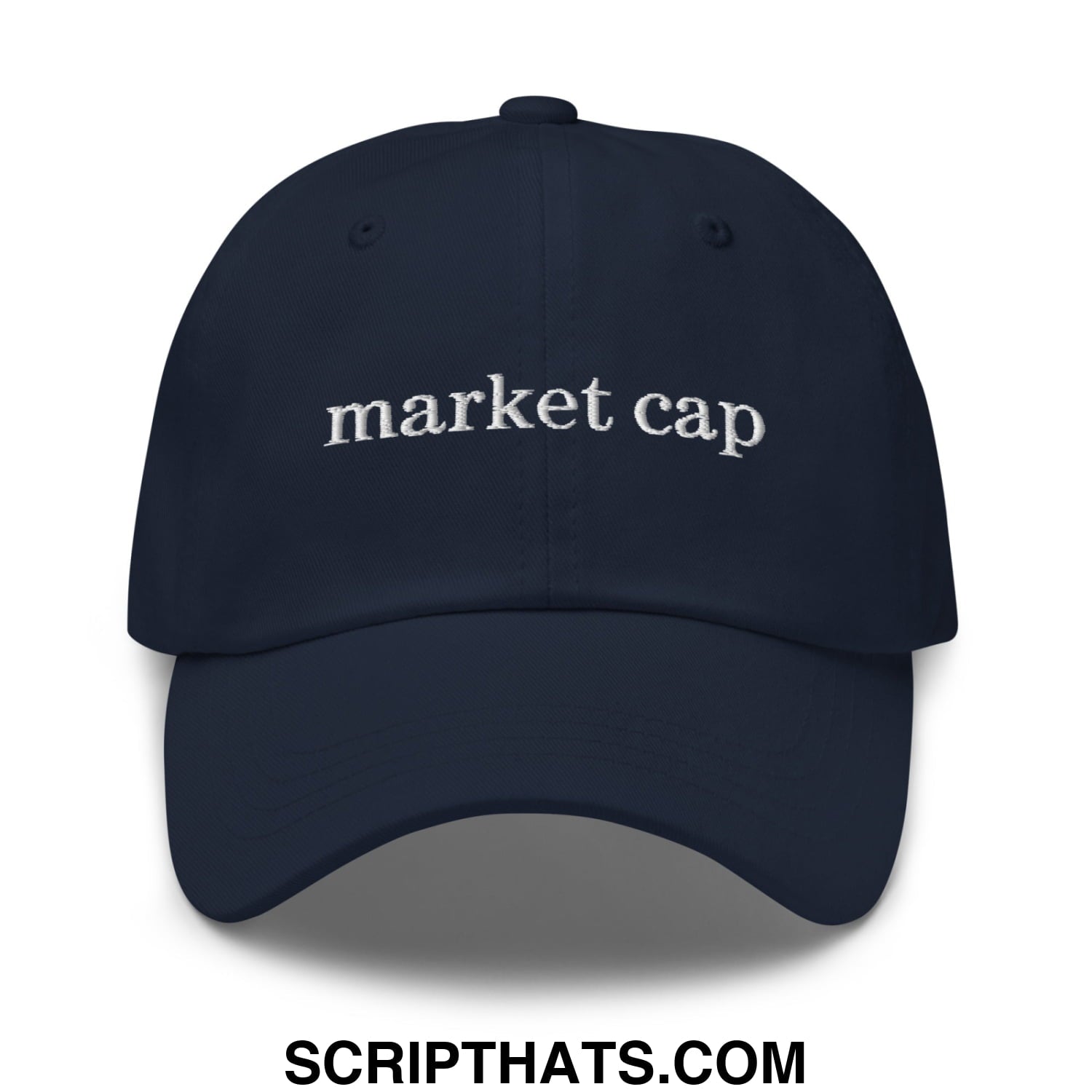 Navy blue unstructured dad hat with white embroidered market cap text perfect for stock market enthusiasts