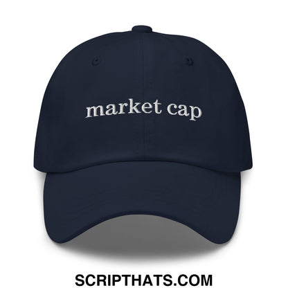 Navy blue unstructured dad hat with white embroidered market cap text perfect for stock market enthusiasts
