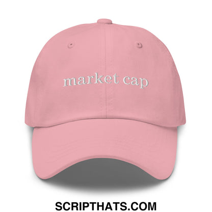 A soft pink unstructured dad hat with market cap embroidered in white thread across the front