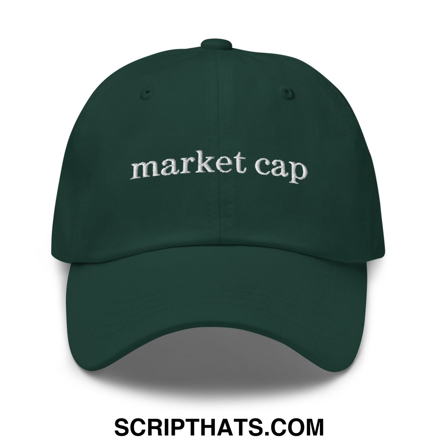 Dark green unstructured dad hat with white embroidered market cap text for stock market enthusiasts