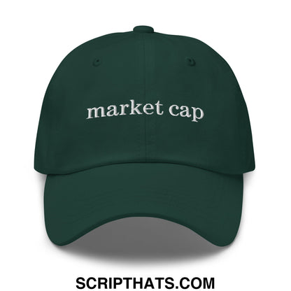 Dark green unstructured dad hat with white embroidered market cap text for stock market enthusiasts