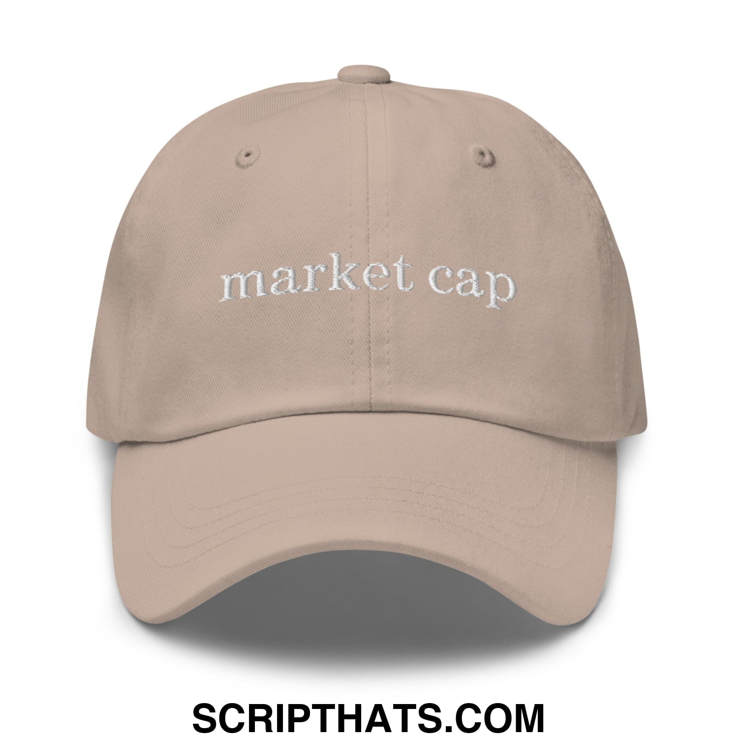 Beige unstructured dad hat with white embroidered market cap text perfect for stock market enthusiasts