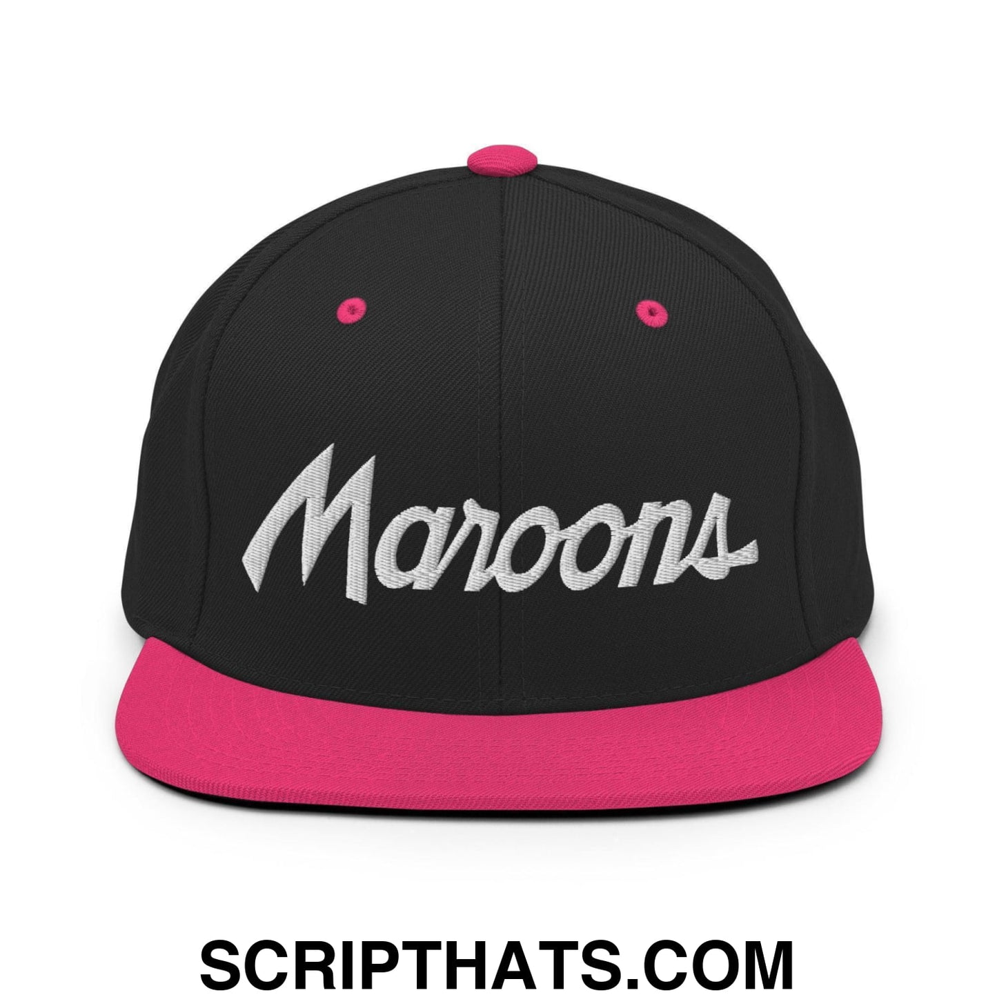 Maroons School Mascot Script Snapback Hat Black Neon Pink