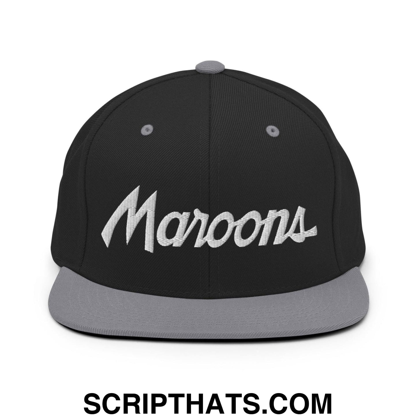 Maroons School Mascot Script Snapback Hat Black Silver