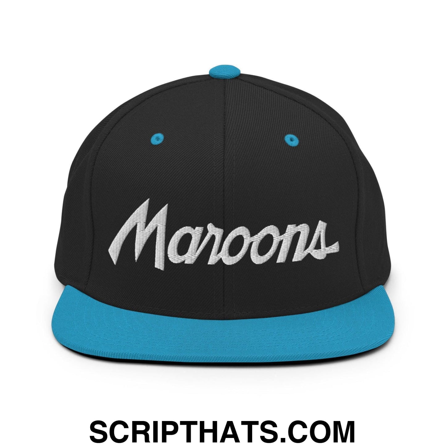 Maroons School Mascot Script Snapback Hat Black Teal