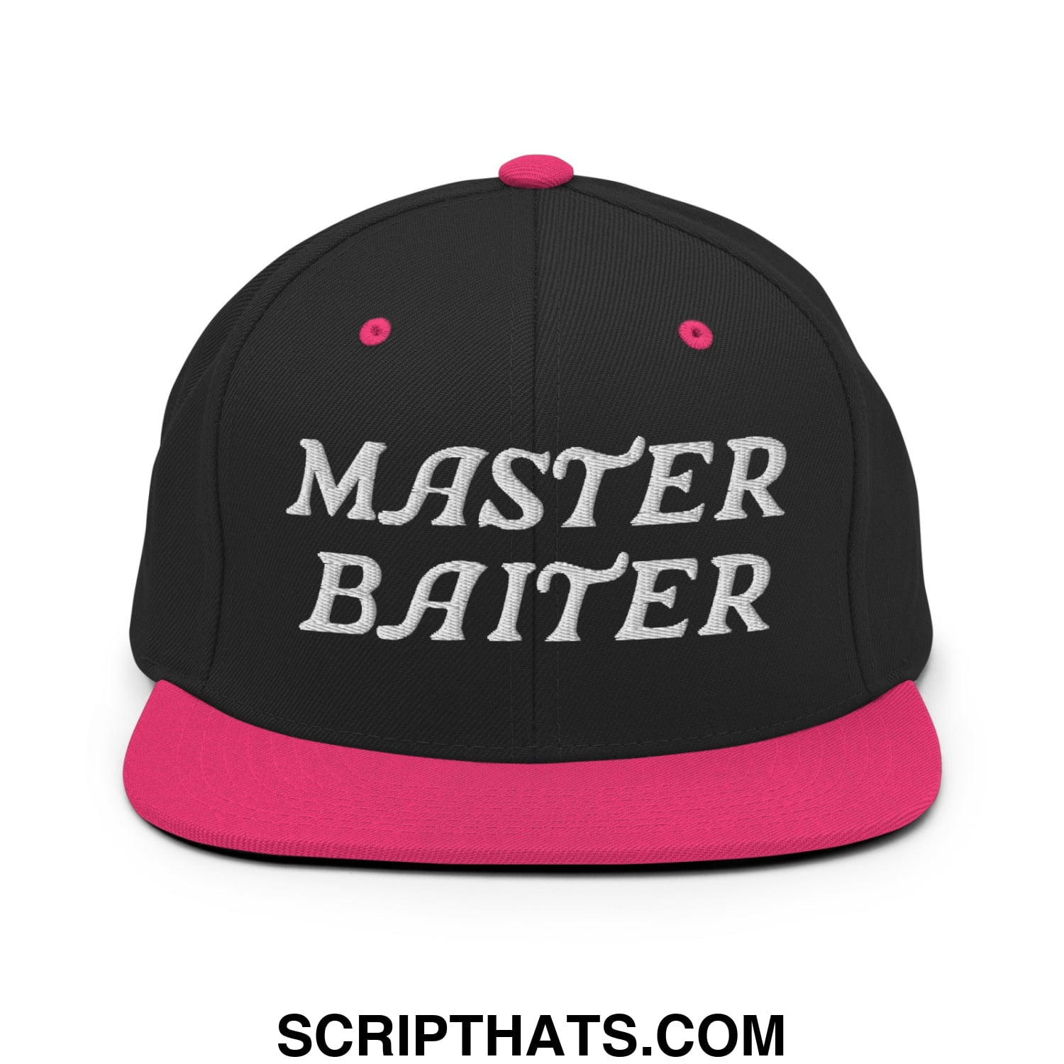 Black snapback cap with vibrant pink brim and button, embroidered with bold white master baiter text