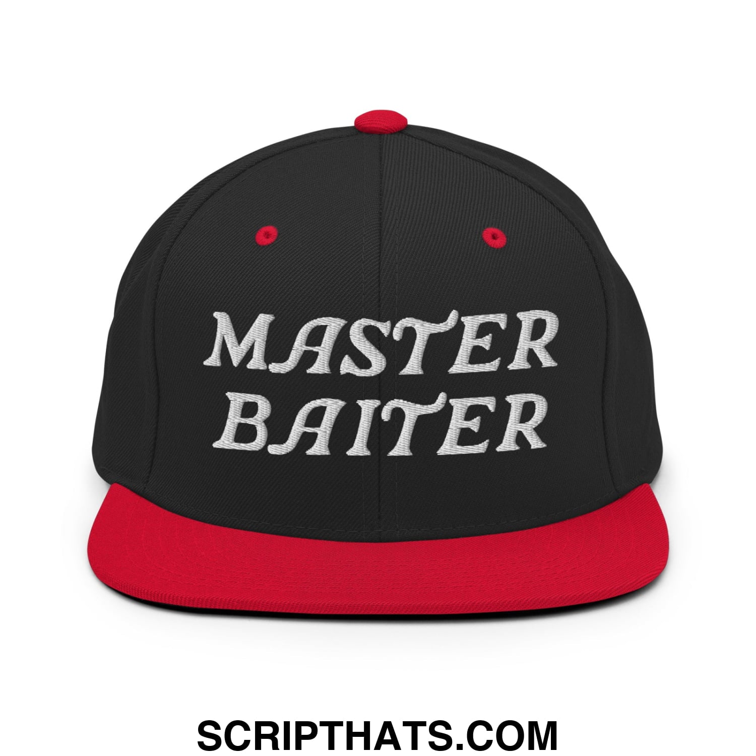 Black snapback cap with red brim and button featuring white embroidered master baiter text in bold script font