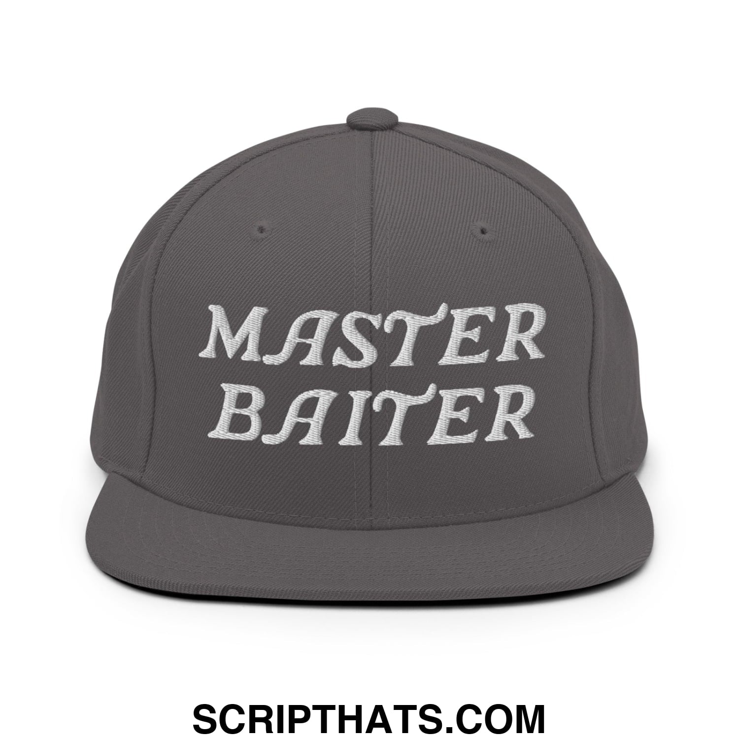 Dark gray snapback hat with white embroidered master baiter text in stylized script on flat bill brim