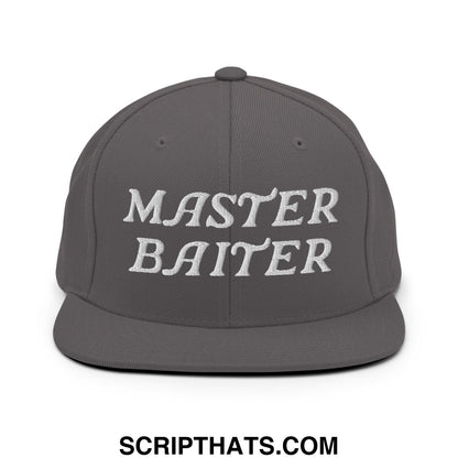 Dark gray snapback hat with white embroidered master baiter text in stylized script on flat bill brim