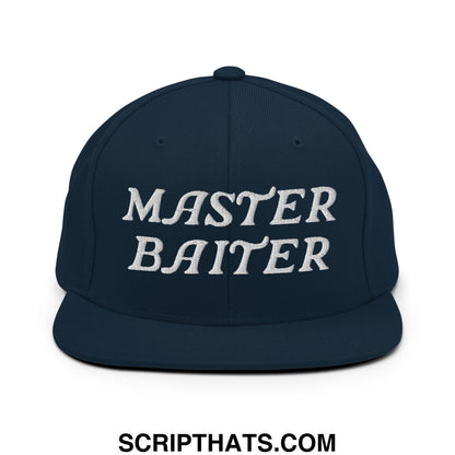 Navy blue snapback hat with white embroidered master baiter text in bold stylized font and flat bill brim