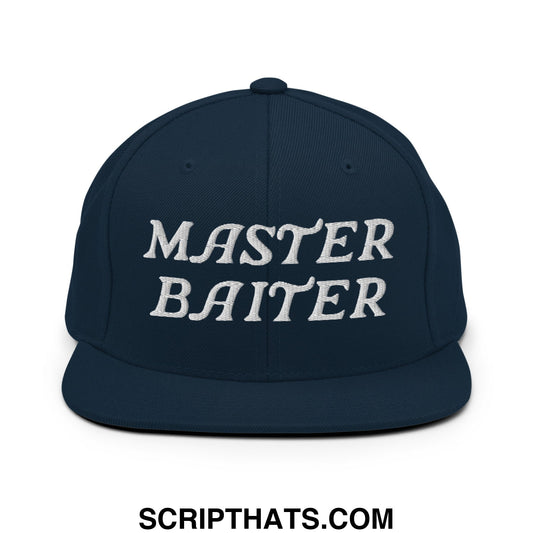 Navy blue snapback hat with white embroidered master baiter text in bold stylized font and flat bill brim