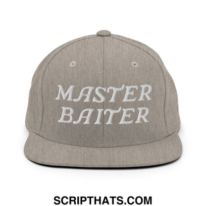 A gray snapback hat with white embroidered master baiter text on the front flat bill brim panel