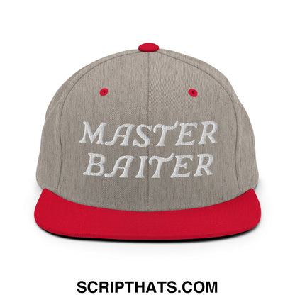 Gray and red snapback hat with white embroidered master baiter text and flat bill brim for casual wear