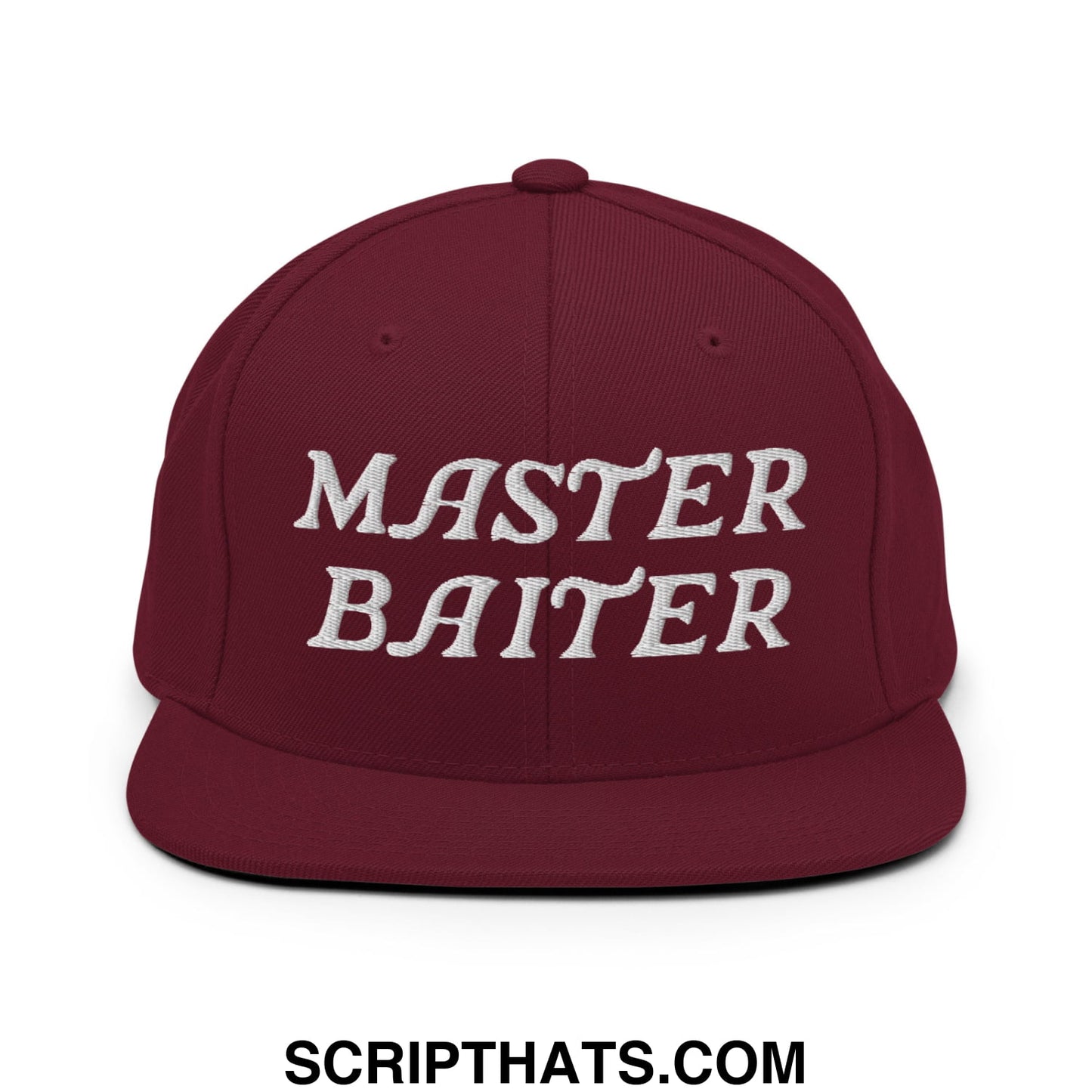 Maroon snapback hat with white embroidered master baiter text and flat bill brim for casual wear