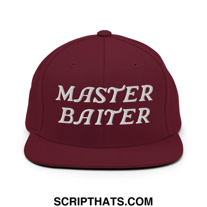 Maroon snapback hat with white embroidered master baiter text and flat bill brim for casual wear