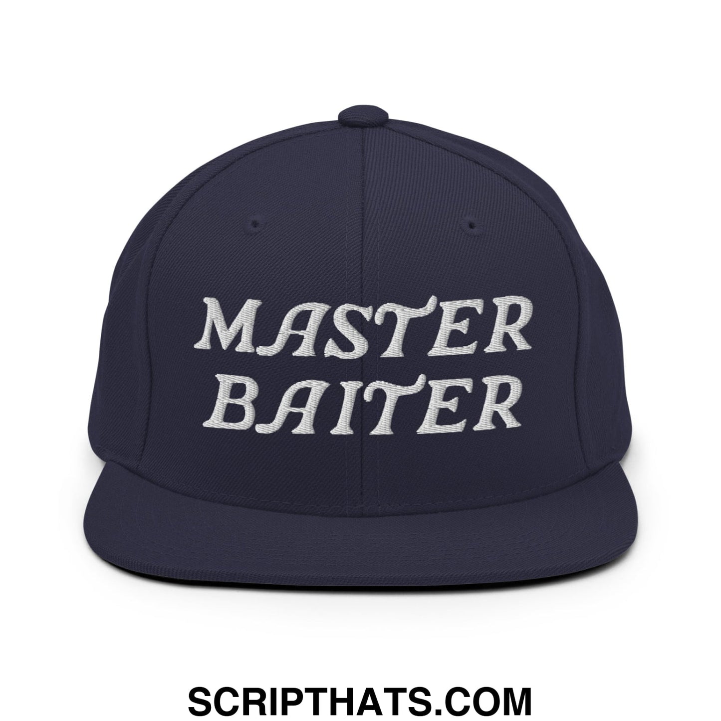 Navy blue snapback hat with white embroidered master baiter text and flat bill brim for casual wear