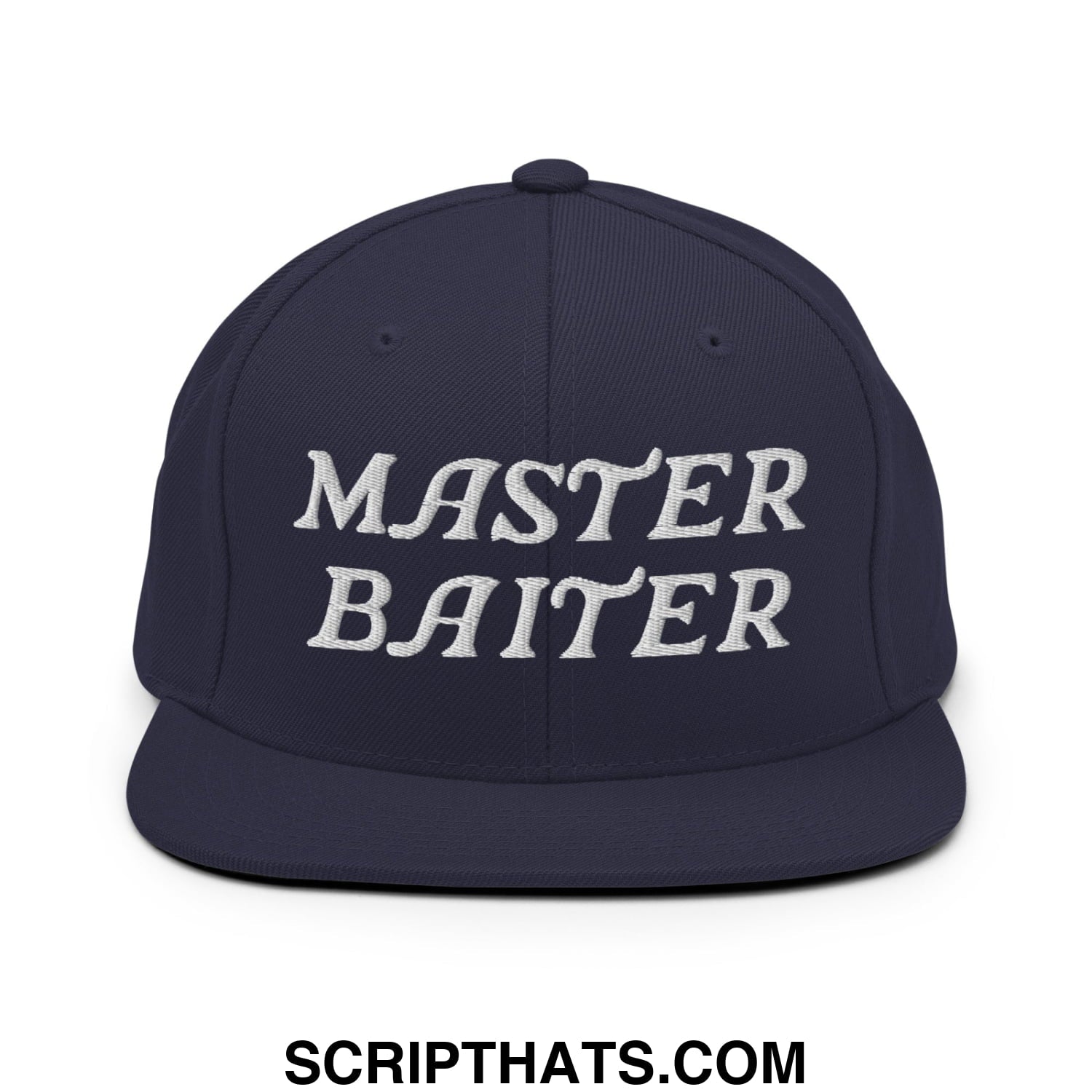 Navy blue snapback hat with white embroidered master baiter text and flat bill brim for casual wear
