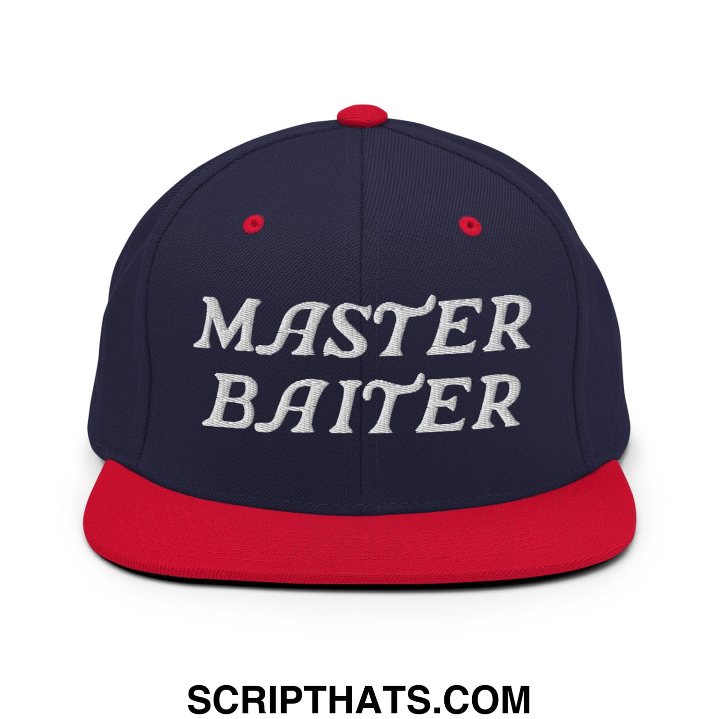 Navy blue and red snapback hat with white embroidered master baiter text and flat bill brim design