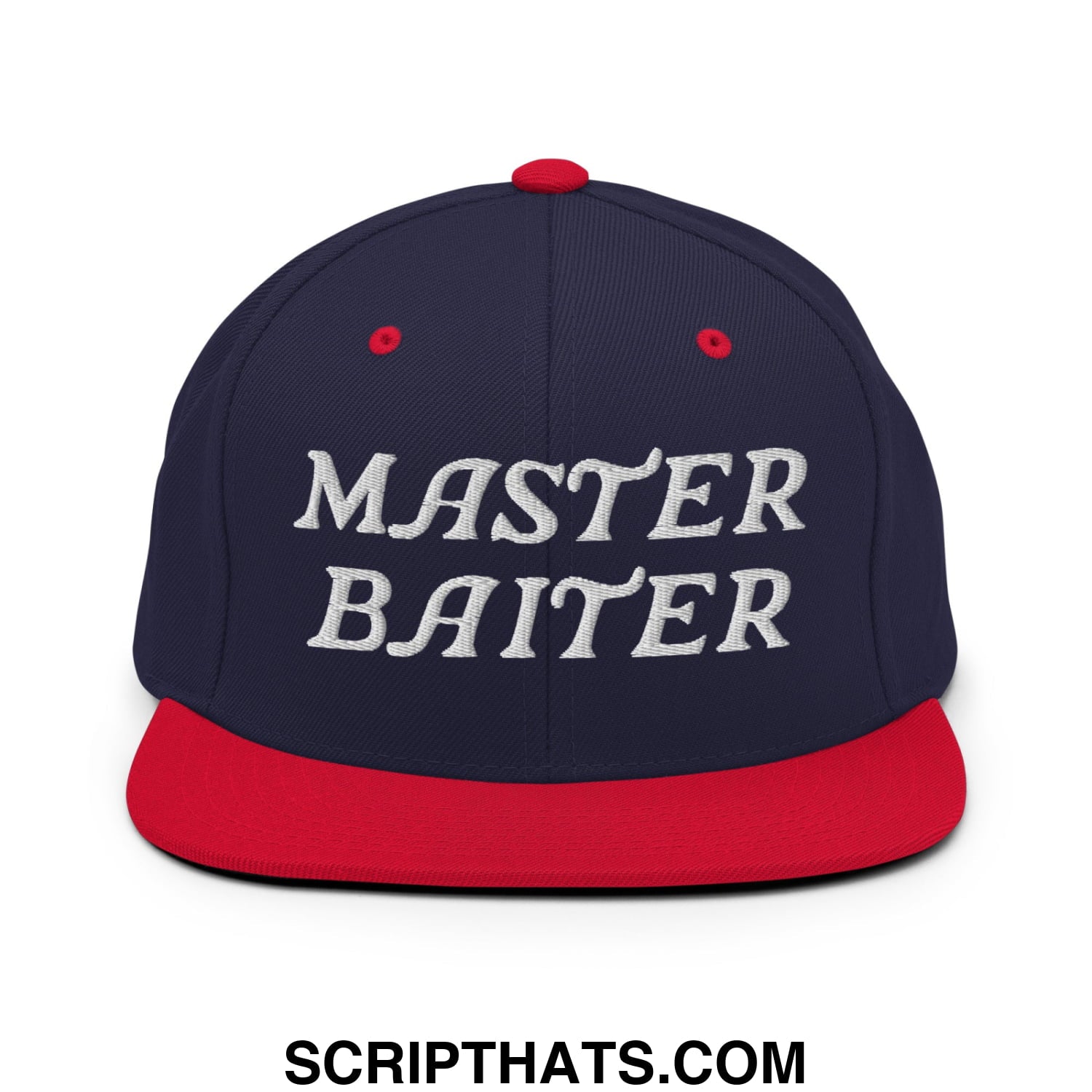Navy blue and red snapback hat with white embroidered master baiter text and flat bill brim design
