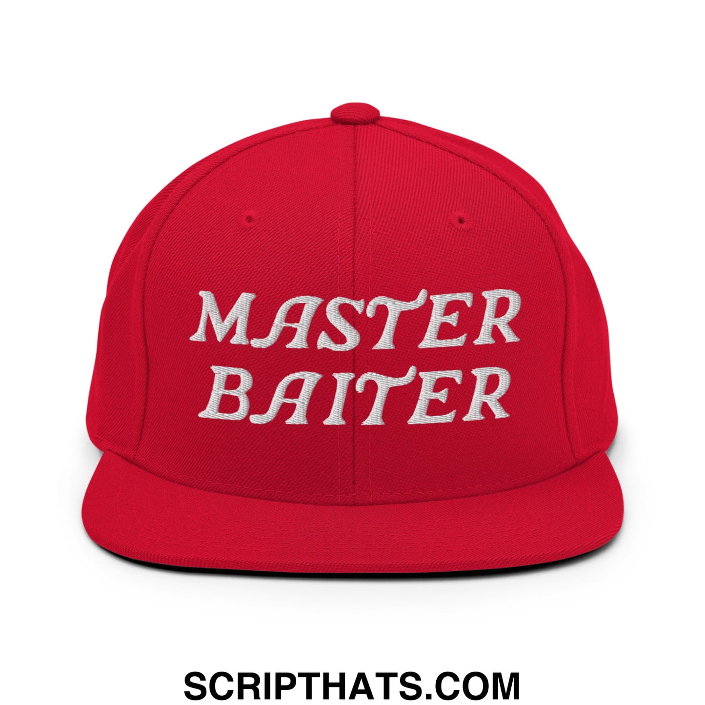 Red snapback cap with white embroidered master baiter text and flat bill brim for casual wear