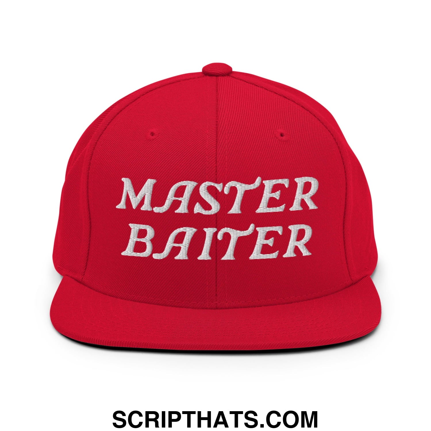 Red snapback cap with white embroidered master baiter text and flat bill brim for casual wear