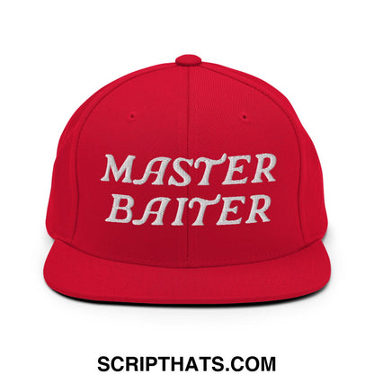 Red snapback cap with white embroidered master baiter text and flat bill brim for casual wear