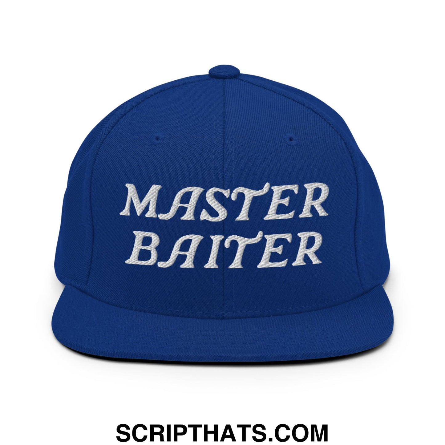 Royal blue snapback hat with white embroidered master baiter text and a flat bill brim for casual wear